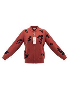 Womens Rust & Black Embroidered Pattern Knit Cardigan With Zipper & Pockets